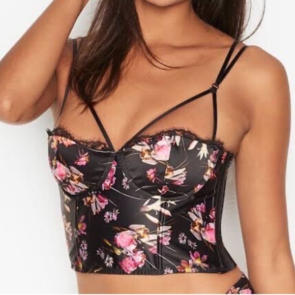 Victoria’s Secret Black Satin Floral Strappy Corset Bra Top 36D Valentine’s Day - Picture 1 of 8